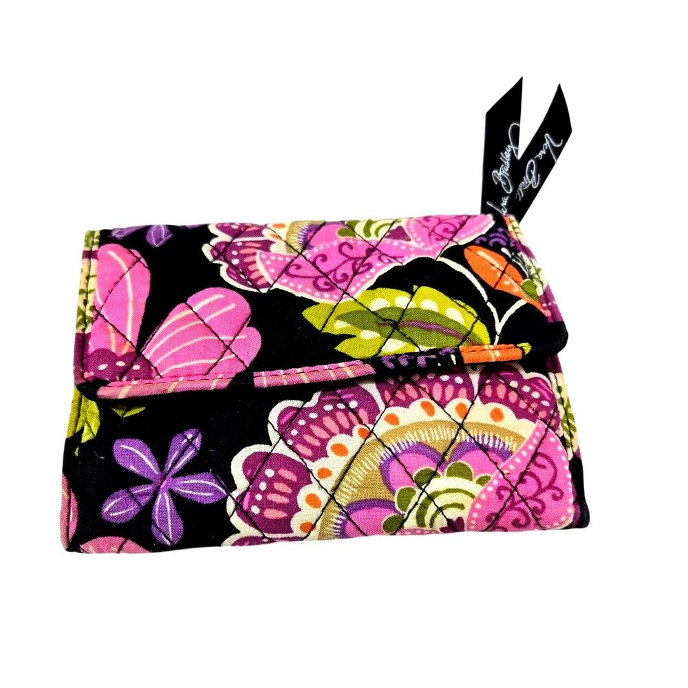 Vera Bradley Black/Pink Floral Quilted Cotton Tri fold Wallet #970 - Picture 1 of 5